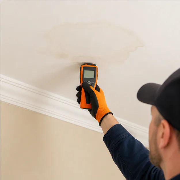 Professional checking a ceiling water stain safely from the floor