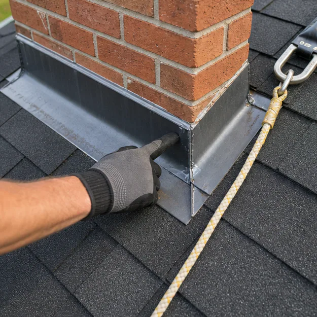 Close inspection of chimney flashing on an asphalt shingle roof