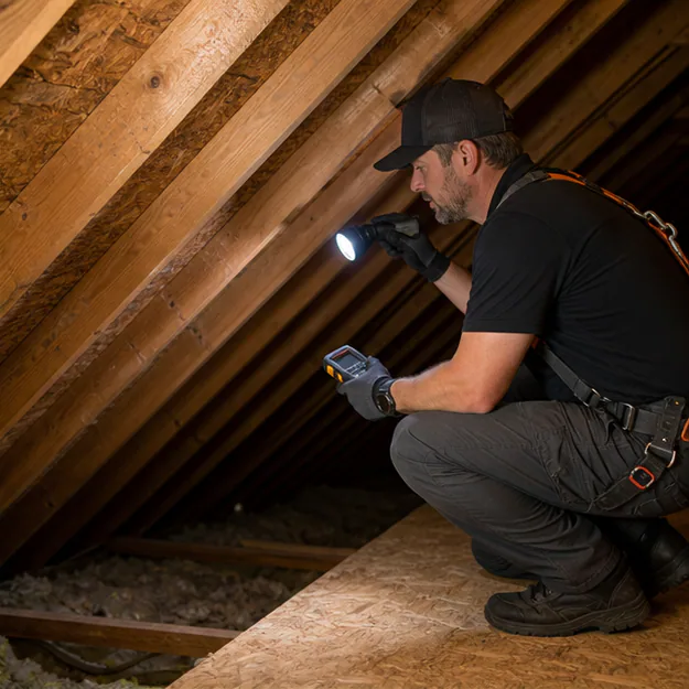 Professional using a flashlight and moisture meter during an attic leak inspection