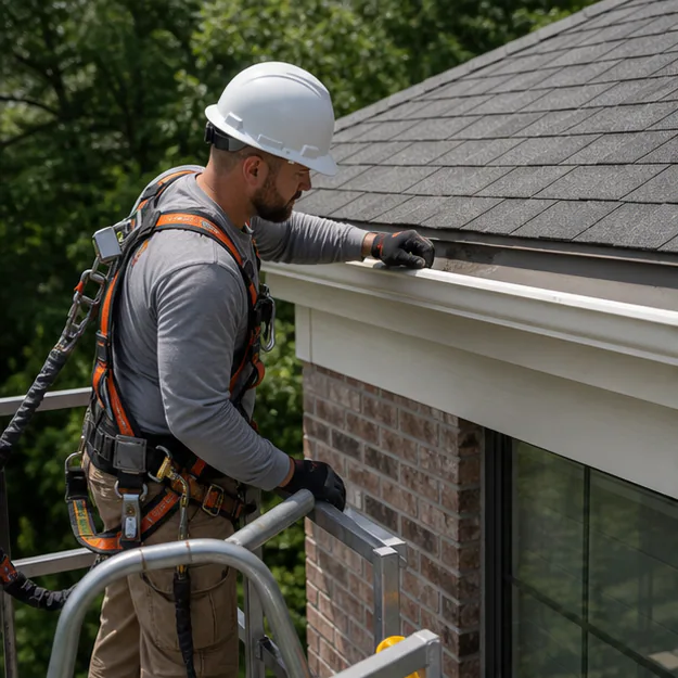 Roof repairer safely checking gutter, fascia and shingle edges from a work platform