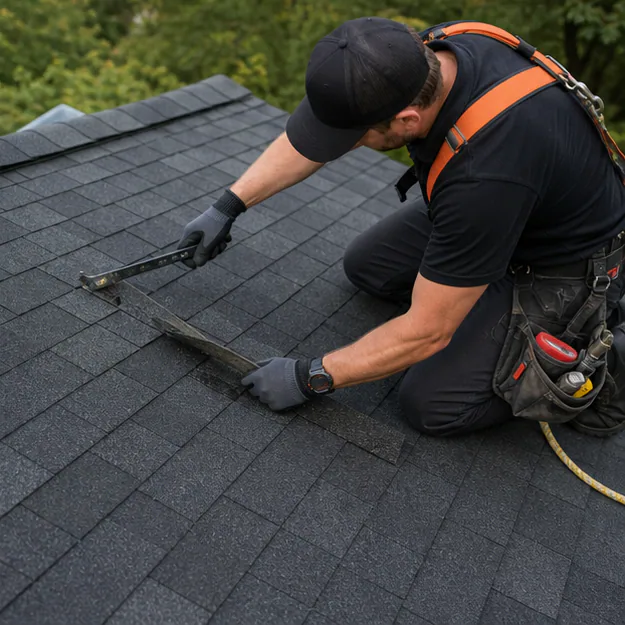 Roof repairer measuring a small asphalt shingle repair area while safely secured