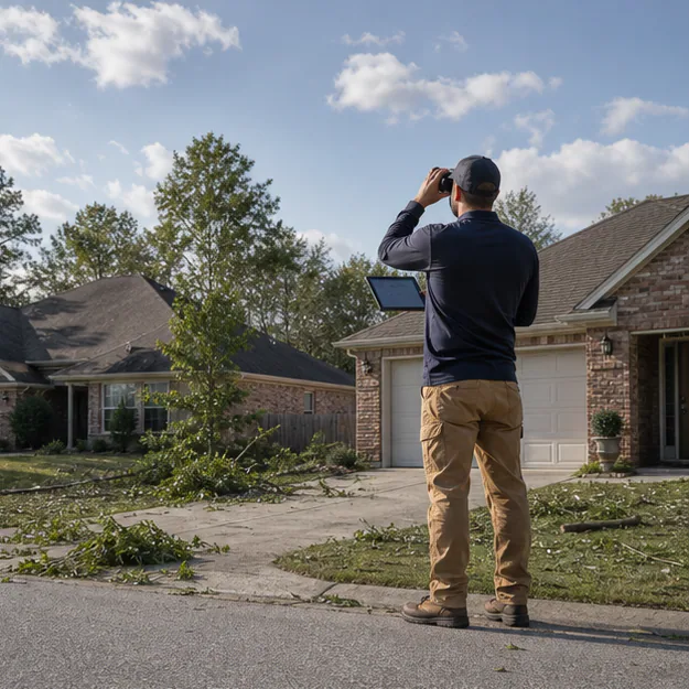 Roof professional assessing a home safely from the ground after severe weather