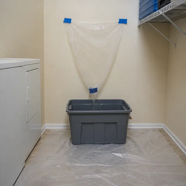 Temporary interior leak protection set up safely in a utility room
