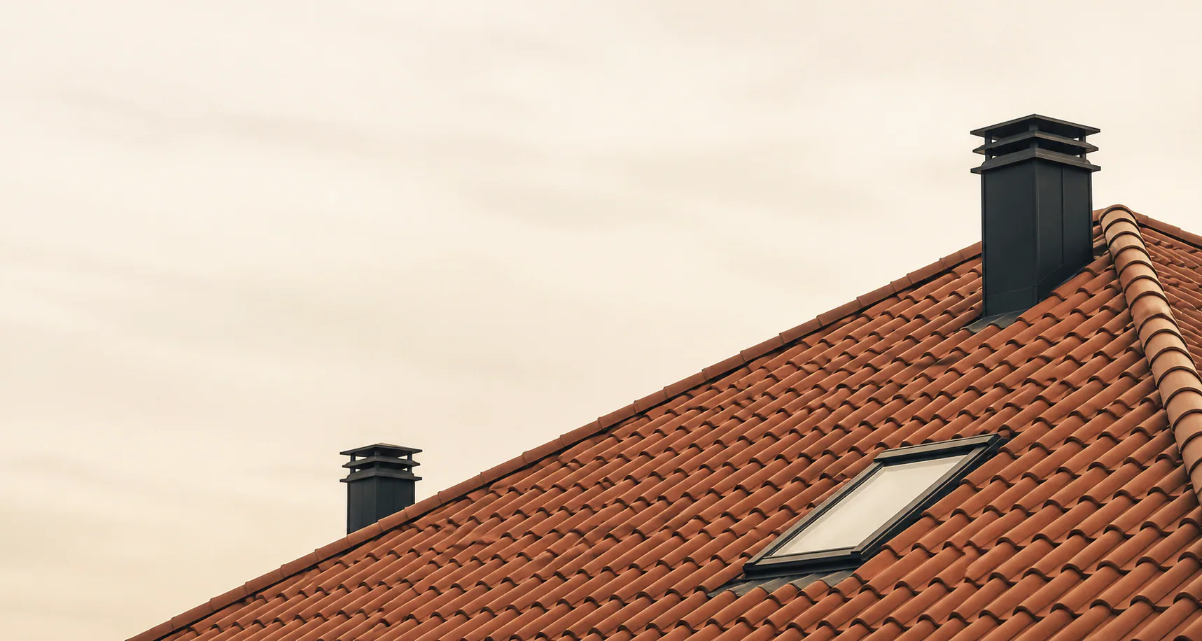 Burnt-clay roof with skylight and chimney details