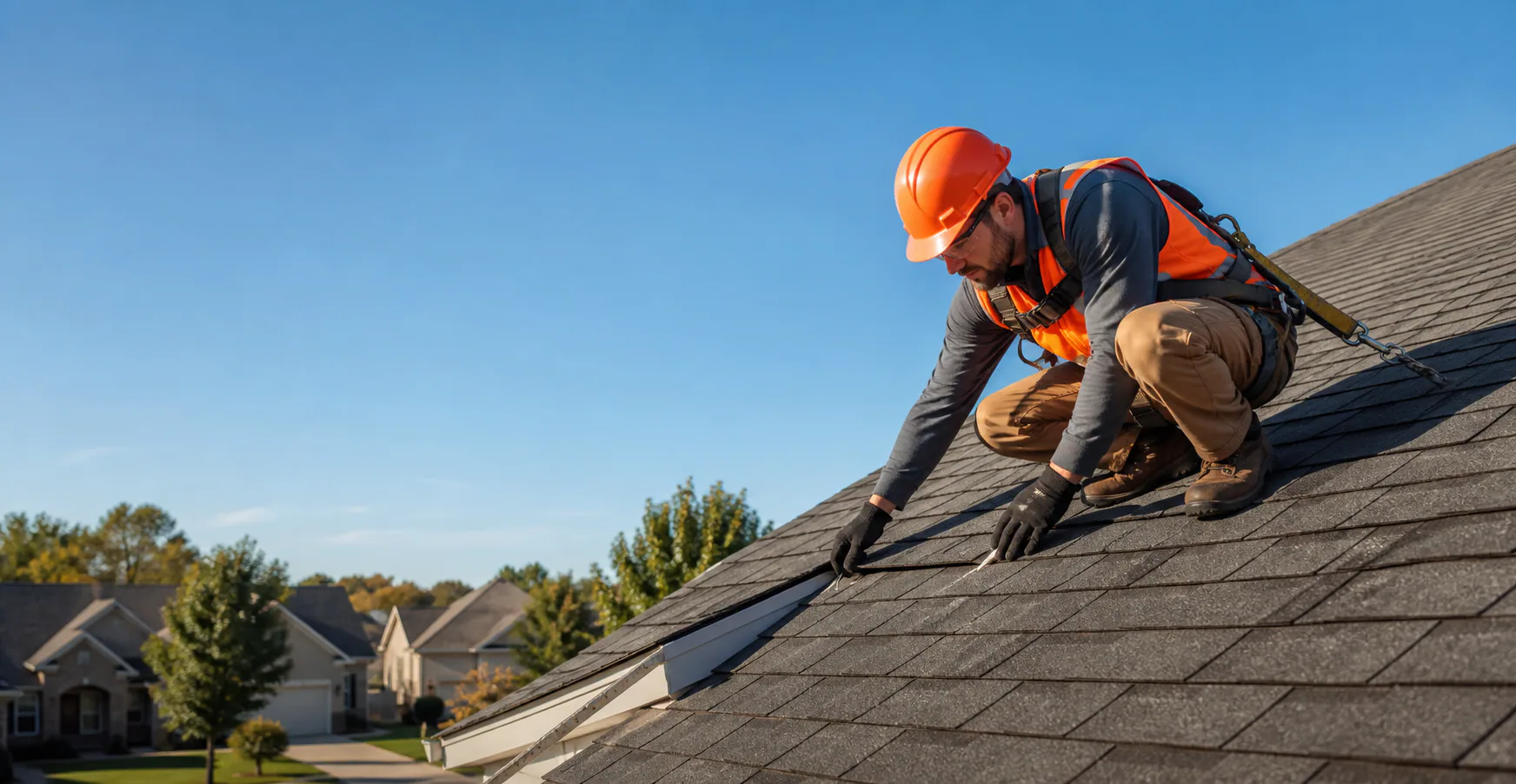 Roof professional safely inspecting asphalt shingles on a Cedar Vale home