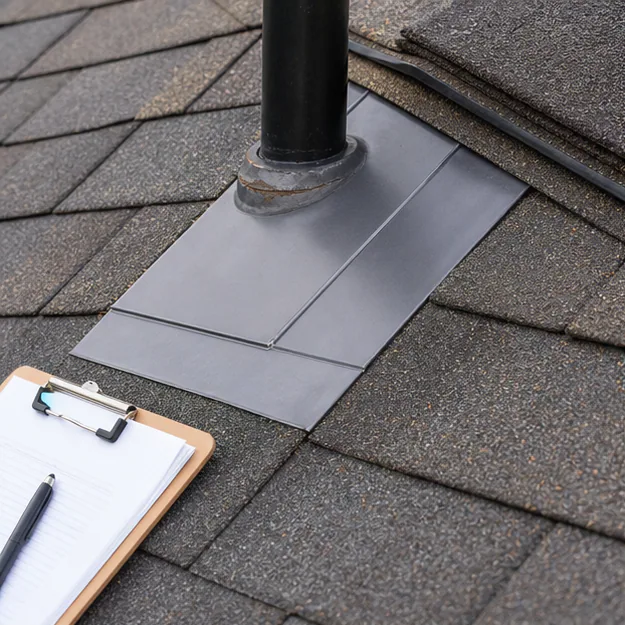 Completed small flashing repair documented beside intact shingles