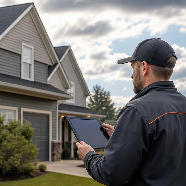 Roof professional reviewing weather and access at ground level