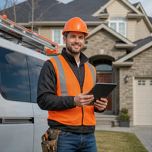 Dryline owner-repairer standing beside a work van with a tablet