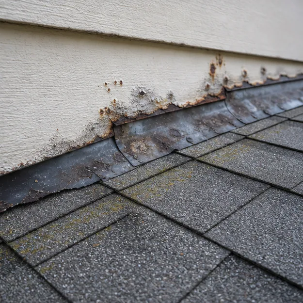 Localized corroded sidewall flashing before a focused roof repair
