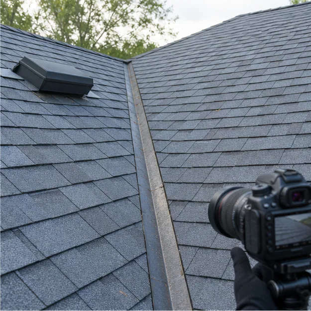 Roof valley and vent detail photographed for a maintenance condition record